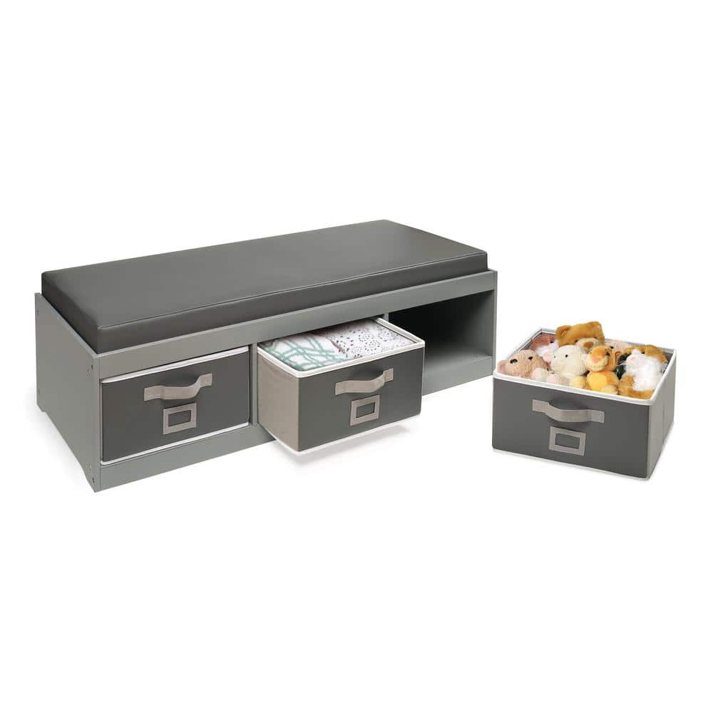 Gray Kid's Storage Bench with Cushion and Fabric Bins