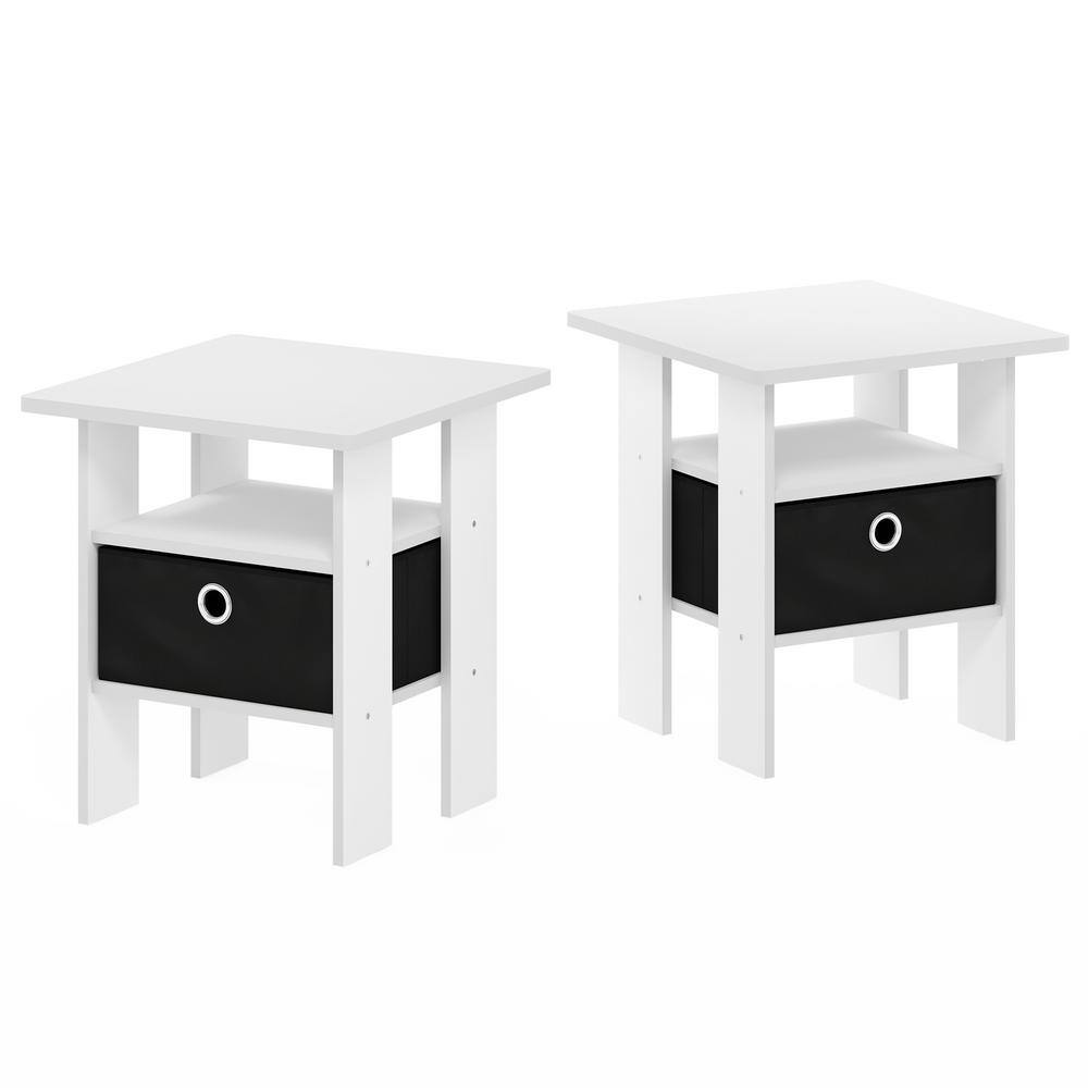 Compact White & Black End Table with Storage Bin and Shelf, Set of 2