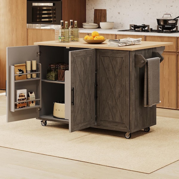 Brown Wood 51 in. Rolling Kitchen Island Kitchen Cart with Drop Leaf and Adjustable Shelf