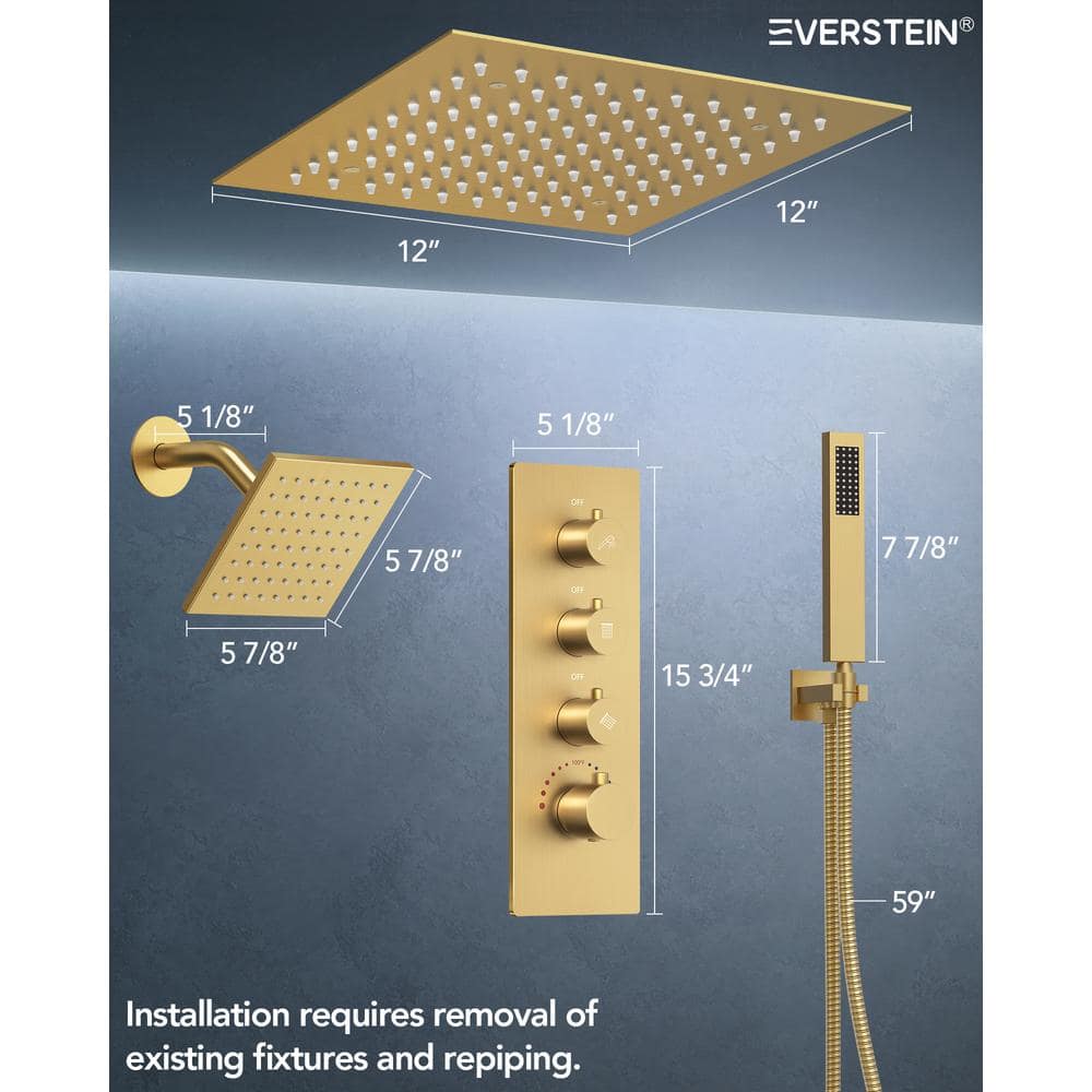 Brushed Gold LED Thermostatic Shower System with 12" Rainfall Head and Body Jets