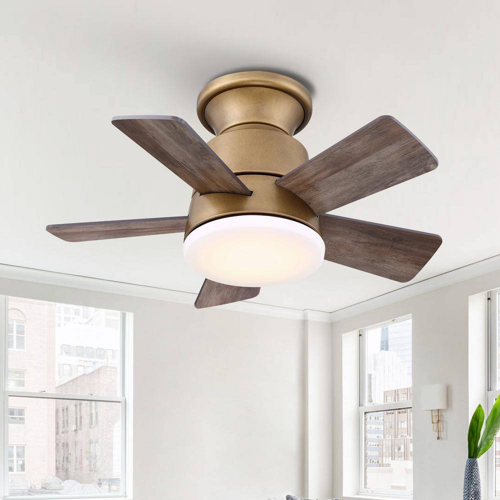 24" Brass Gold LED Flush Mount Ceiling Fan with Remote and Reversible Blades