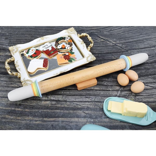 White Adjustable Wood Rolling Pin with 5-Thickness Rings, Handle Press Design and Measurement Guide for Fondant Pizza