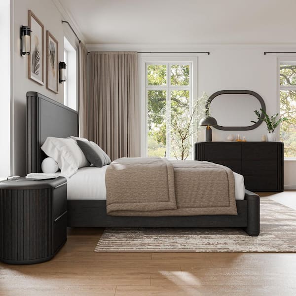 black nightstand and dresser set Eastbrook 4-Piece Modern Acacia Wood King Panel Bedroom with 2-Drawer Dresser/Mirror Black Dresses | Mini, HALLOWEEN23 each piece offers dovetail Size:62 Long