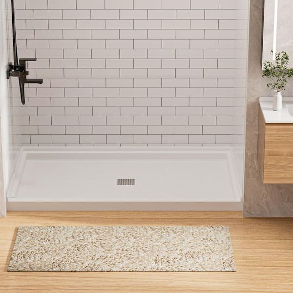 KW 60 in. L x 34 in. W Alcove Solid Surface Shower Pan Base with Center Drain in White with Brushed Nickel Cover