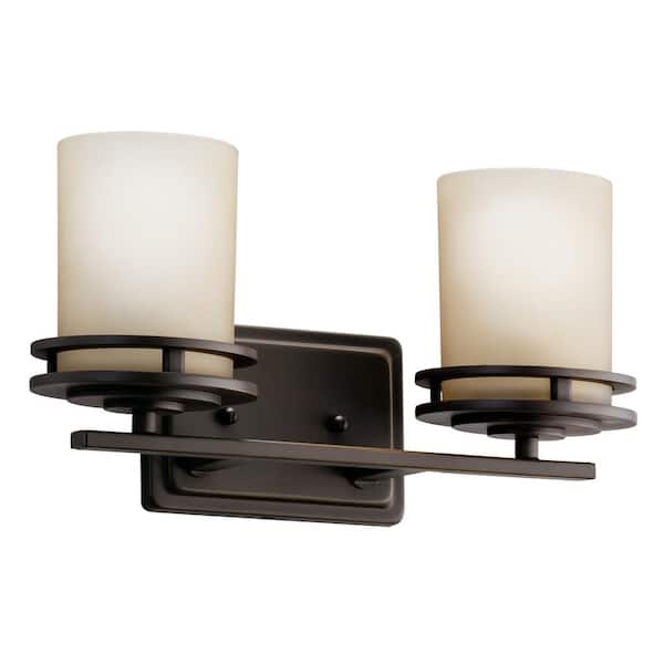 KICHLER Hendrik 14.5 in. 2-Light Olde Bronze Contemporary Bathroom Vanity Light with Etched Glass Shade