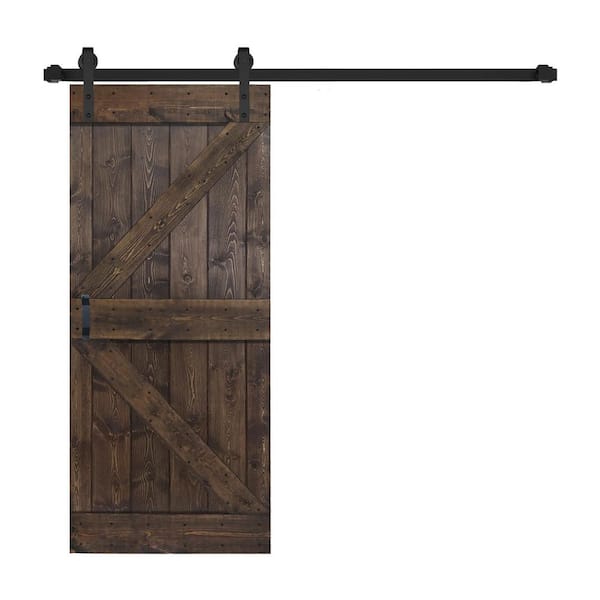 ISLIFE K Style 38 in. x 84 in. Kona Coffee Finished Soild Wood Sliding Barn Door with Hardware Kit - Assembly Needed