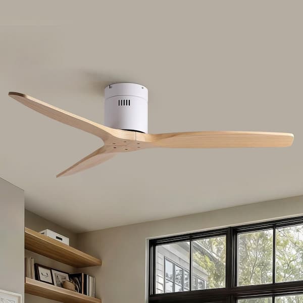 52 in. White 3 Wood Blades Flush Mount Standard Ceiling Fan with DC Motor and Remote Included