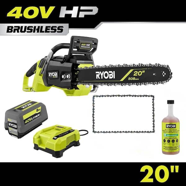 40V HP Brushless 20" Battery Chainsaw w/ Replacement Chain, 24 oz. Biodegradable Chain Oil, 8.0 Ah Battery, & Charger