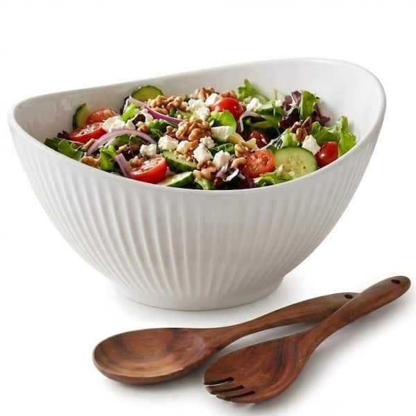 60 fl. oz. White Ceramic 10 Inch Extra-Large Salad and Dessert Serving Mixing Bowl with Wooden Utensils