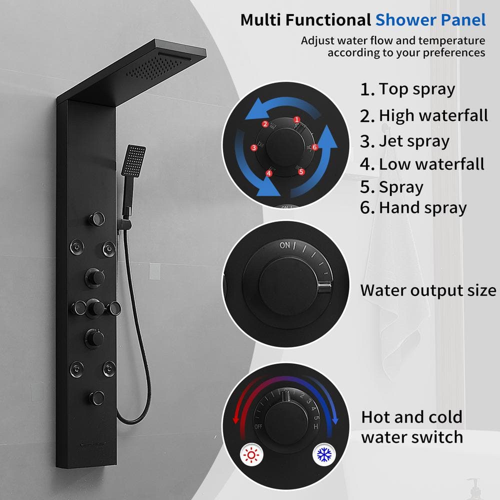 Matte Black 52'' Shower Panel with Rainfall Shower Head and Body Jets