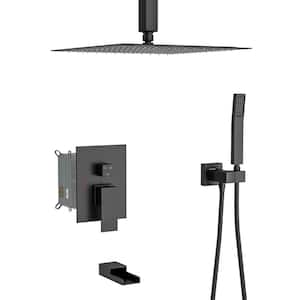 3-Spray 16 in. Square Shower System with Waterfall Tub Spout 1.8 GPM Ceiling Mount Shower Faucet in Matte Black
