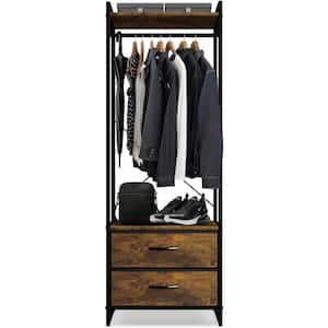 Rustic Brown Steel Clothes Rack with Fabric Drawers and Wood Top 15.25 in. W x 70 in. H