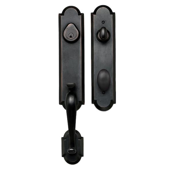 Sandcast Collection Castille Aged Bronze Single Cylinder Deadbolt Entry Door Handleset with Tulum Knob Inside Trim