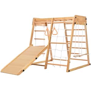 8-in-1 Wooden Indoor Kids Playground Freestanding Playset with Slide and Play Table, Rope Wall, Swing Rings, Monkey Bars
