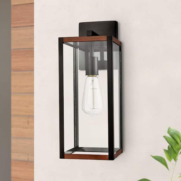 C Cattleya 15.75 in. Black Outdoor Hardwired Wall Lantern Sconce with Faux Wood Accent, No Bulbs Included