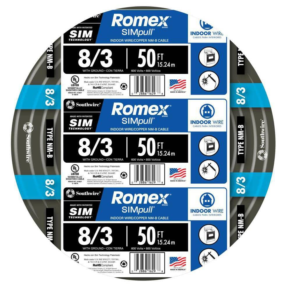 Southwire 50 Ft. 8/3 Stranded Romex SIMpull CU NM-B W/G Wire 63949232 ...