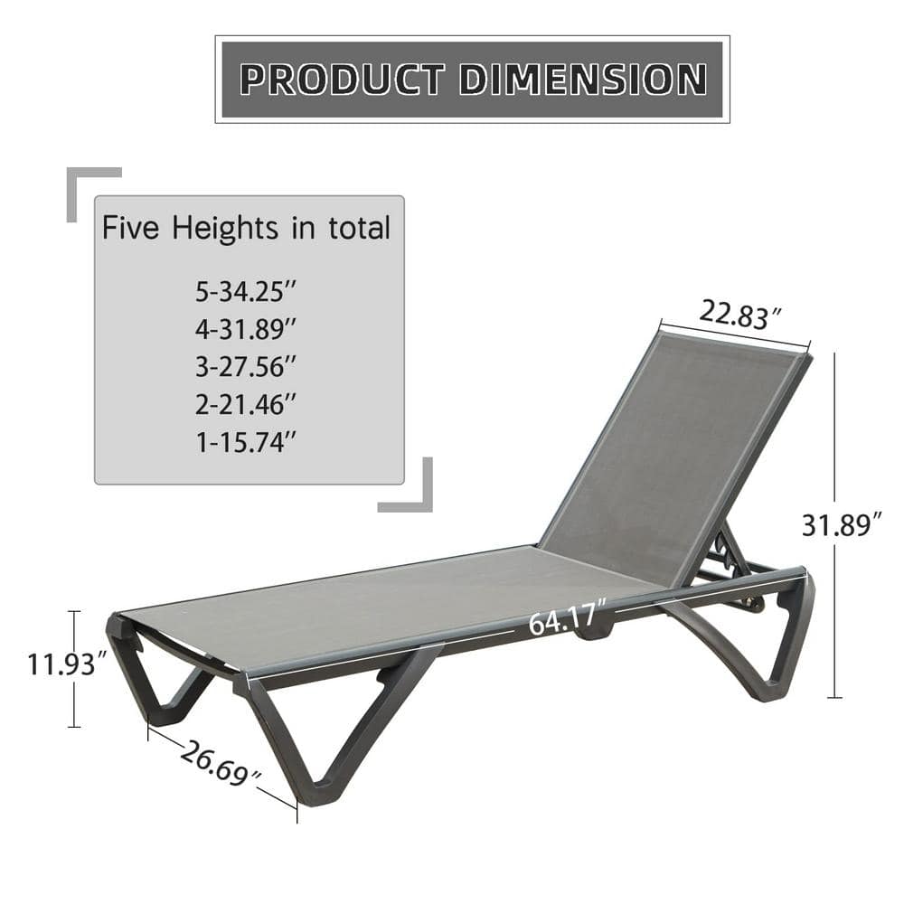 Gray Aluminum Adjustable Outdoor Chaise Lounge Set of 2
