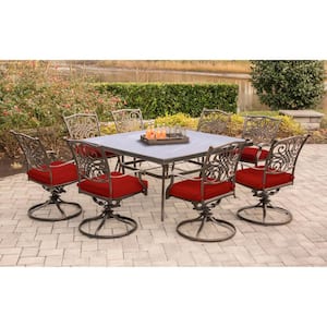 Traditions 9-Piece Aluminum Outdoor Dining Set with Square Glass-Top Table and Swivel Chairs with Red Cushions