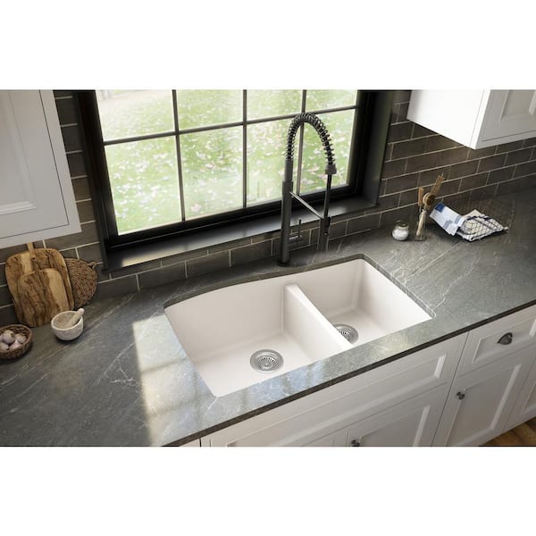 White Quartz Composite 33 in. 60/40 Double Bowl Undermount Kitchen Sink with Bottom Grids and Strainers