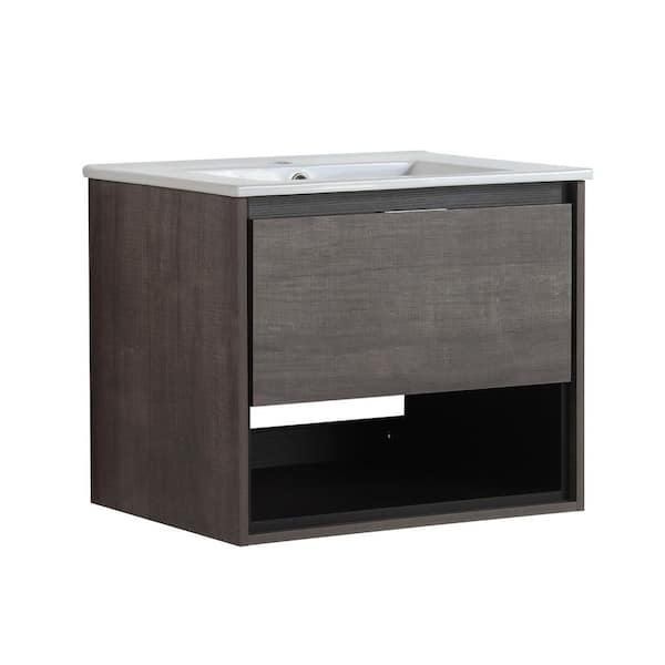 JimsMaison 24 in. W x 18 in. D x 20 in. H Bathroom Vanity Side Cabinet in Plaid Grey Oak with White Ceramic Top