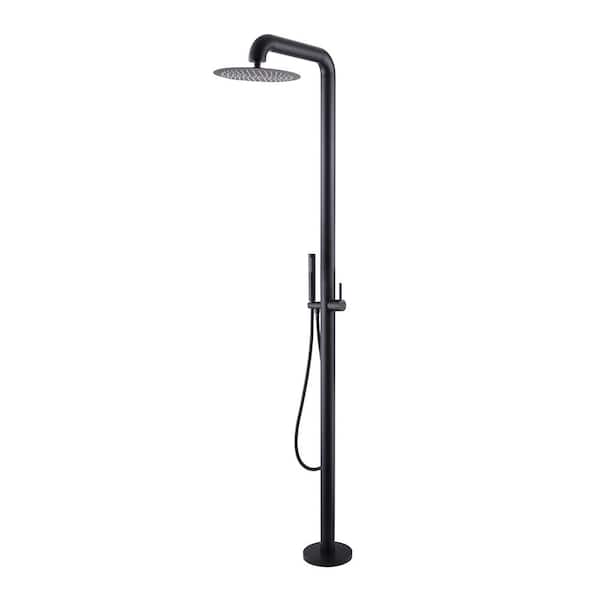 Outdoor Exposed Single-Handle Freestanding Tub Faucet with Floor Mount Rainfall Shower Head in Matte Black