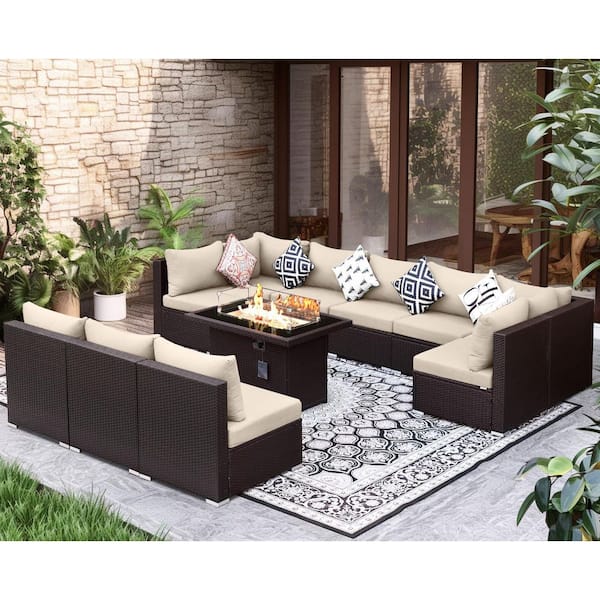 FINCATI Eden 11-Piece Outdoor Brown Rattan Wicker Deep Seating Patio Set with Cream Cushions and Rectangular Fire Pit Table