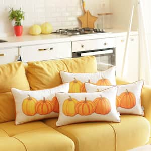 Fall Season Decorative Throw Pillow Pumpkins 12 in. x 20 in. White and Orange Lumbar Thanksgiving for Couch (Set of 4)