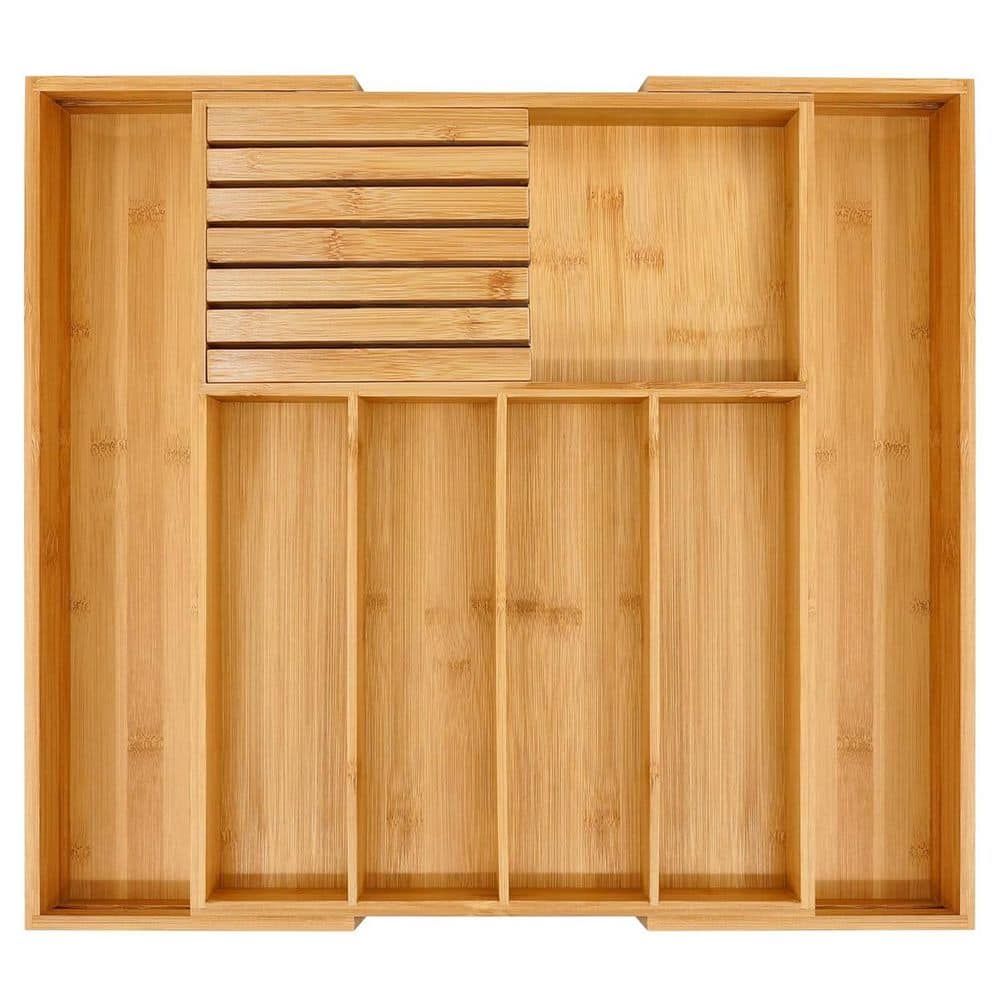 Expandable Bamboo Kitchen Drawer Organizer with Knife Block and Cutlery Tra