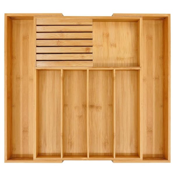 Expandable Bamboo Kitchen Drawer Organizer with Knife Block and Cutlery Tray, Multifunctional Utensil Organizer