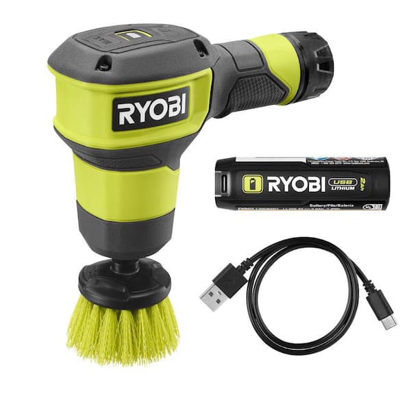 RYOBI USB Lithium Compact Scrubber Kit with 2.0 Ah Battery, and USB Charging Cord w/ Medium and Soft Bristle Brushes