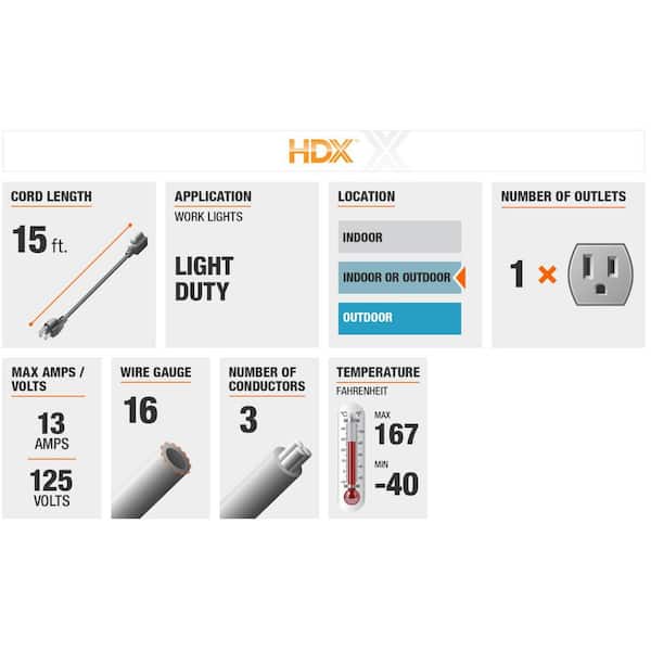 HDX 15 ft. 16/3 Indoor/Outdoor Extension Cord, Black SJTW16315BL