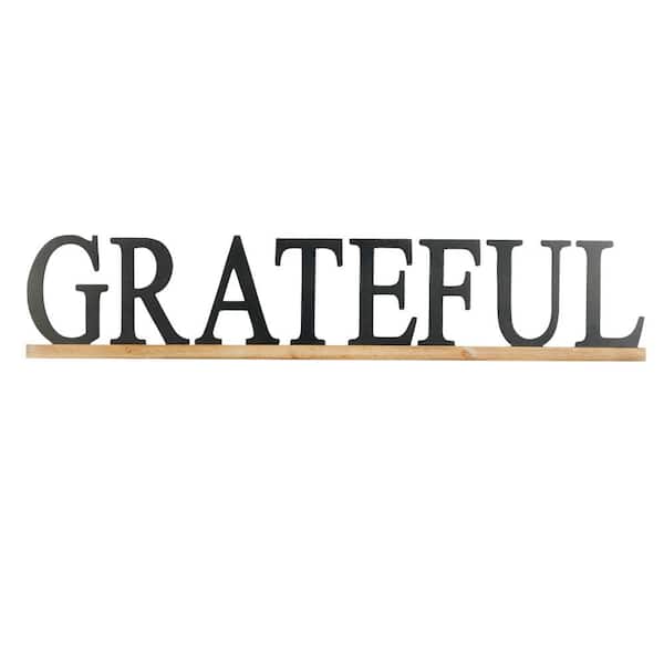 Litton Lane 48 in. x 10 in. Wood Black Grateful Sign Wall Decor