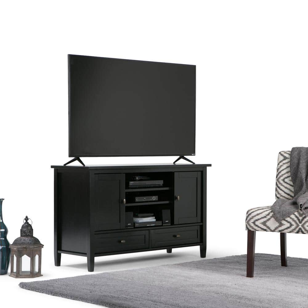 Black Solid Wood TV Media Stand with Cabinets for 50-inch TVs