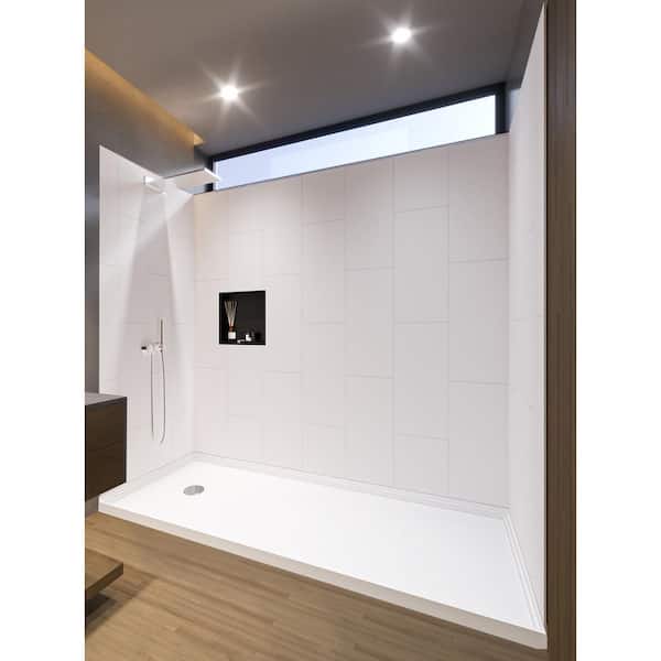 NuVo Winter White 60-in x 32-in x 83-in 7 Pieces Alcove Shower Kit With Glue Up Shower Wall and Shower Pan Left Drain