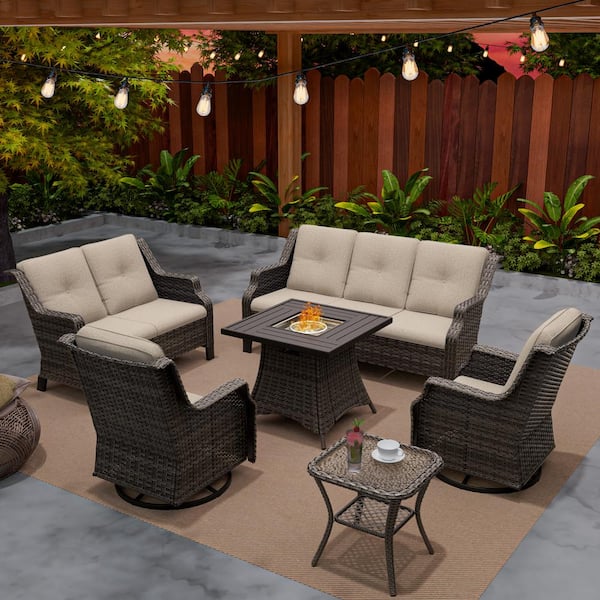 MeetLeisure 6-Piece Wicker Outdoor Patio Fire Pit Seating Sofa Conversation Set with Swivel Rocking Chairs and Beige Cushions