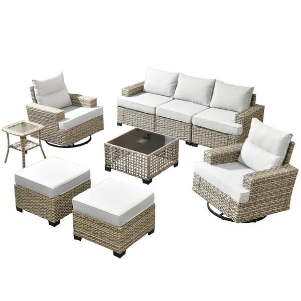 Kelleys 9-Piece Wicker Outdoor Patio Conversation Sofa Furniture Set with Swivel Chairs, Tables and Light Grey Cushions