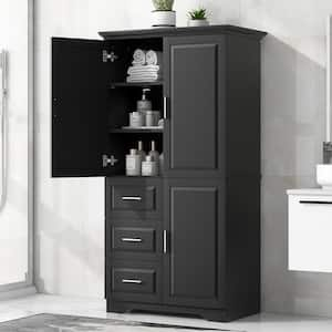 62 in.H Black Bathroom Floor Storage Cabinet with 3-Drawers,Adjustable Shelves