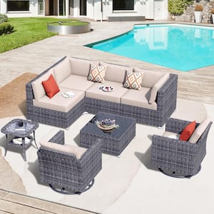 Messi Grey 8-Piece Wicker Outdoor Patio Conversation Sofa Seating Set with Swivel Rocking Chairs and Beige Cushions