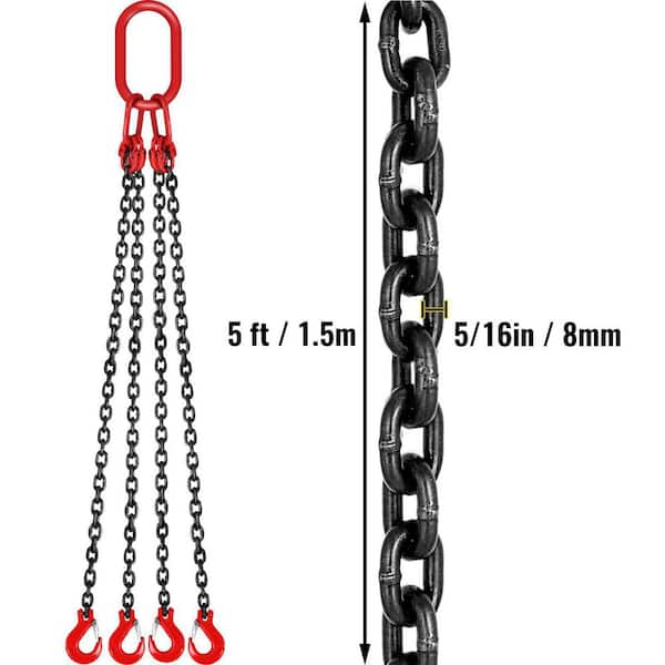 5 ft. Hoist Chain Sling 5/16 in. Engine Lift Chain G80 Alloy Steel 3-Ton with 4 Leg Grab Hooks and Adjuster