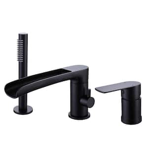 Single-Handle Deck-Mount Roman Tub Faucet with Hand Shower Waterfall 3 Hole Brass Bathtub Fillers in Matte Black