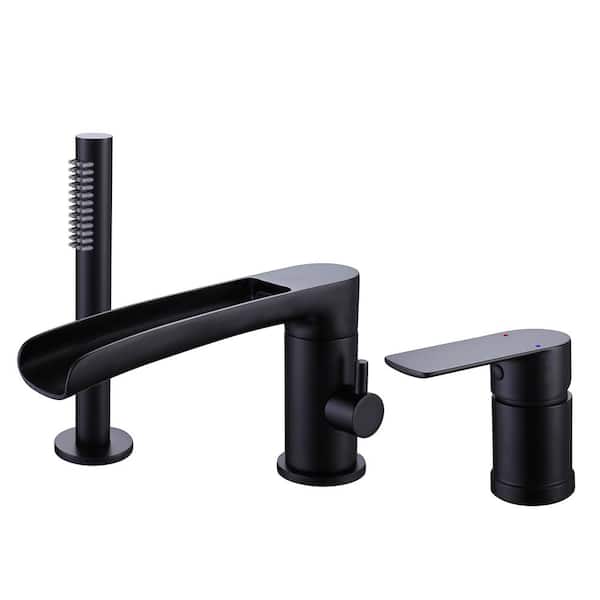 AIMADI Single-Handle Deck-Mount Roman Tub Faucet with Hand Shower Waterfall 3 Hole Brass Bathtub Fillers in Matte Black