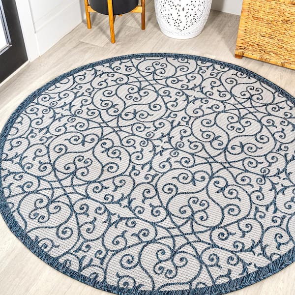JONATHAN Y Madrid Vintage Filigree Textured Weave Cream/Blue 5 ft. Round Indoor/Outdoor Area Rug