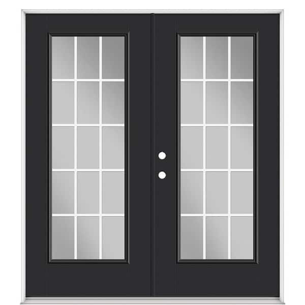 Masonite 72 in. x 80 in. Jet Black Fiberglass Prehung Right-Hand Inswing GBG 15-Lite Clear Glass Patio Door with Vinyl Frame