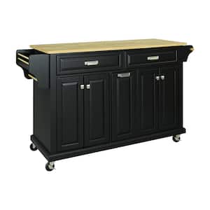 Black Wood 60.50 in. Kitchen Island with Drawers and doors