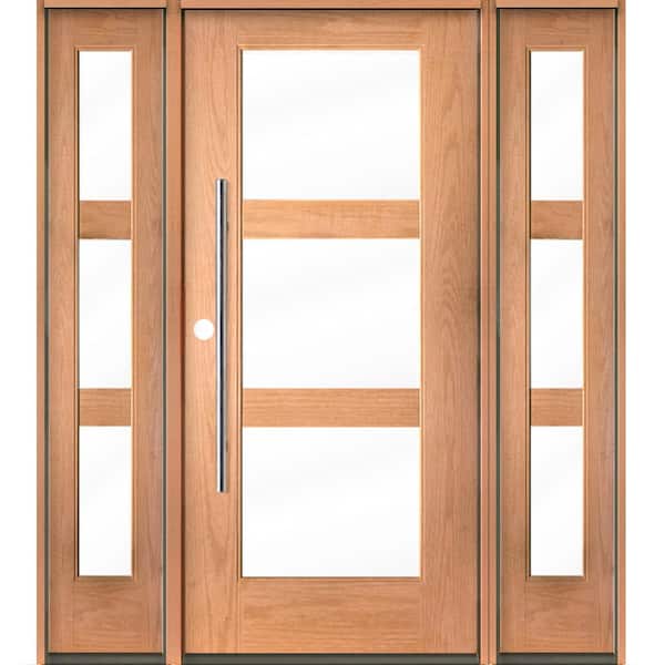 Krosswood Doors Modern Faux Pivot 64 in. x 80 in. 3-Lite Right-Hand/Inswing Clear Glass Teak Stain Fiberglass Prehung Front Door w/DSL