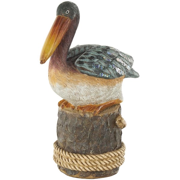 Teal Resin Textured Sitting Pelican Sculpture with Brown Block and Shiny Accents