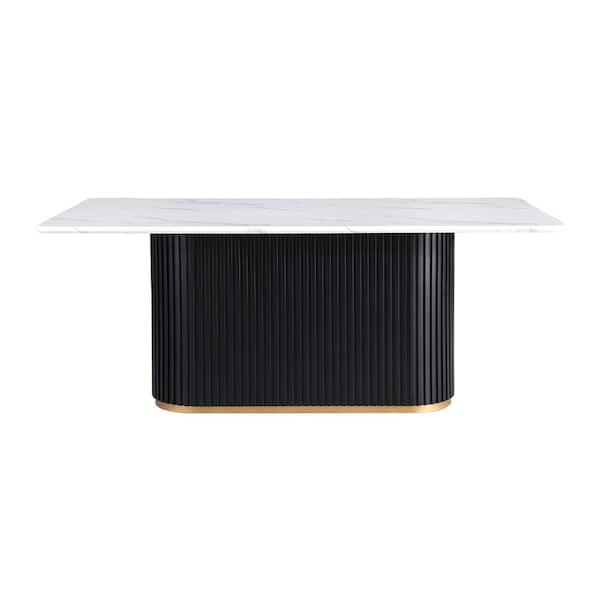 Luxury Faux Marble Top Column Base Dining Table Rectangular Metal Frame in White for Kitchen Seats of 6