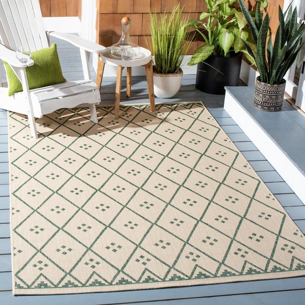 Courtyard Beige/Green 8 ft. x 10 ft. Tribal Diamond Indoor/Outdoor Patio  Area Rug