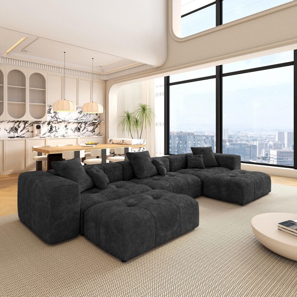 144.17 in. Wide Square Arm Linen Deep Seat Modern Oversized U-Shaped Sofa with Ottomans For Living Room in Black price history on PriceWatchPro