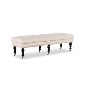 Bella Natural Polyester Bench with Button Tufting and Silver Nailhead (62"L x 19.5"D x 17.75"H)